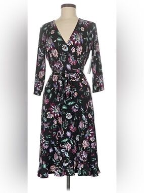 leota aneeka knit faux wrap dress Leota Aneeka Knit Faux Wrap Dress Women XL Dark Purple Floral Ruffle Midi  NEW